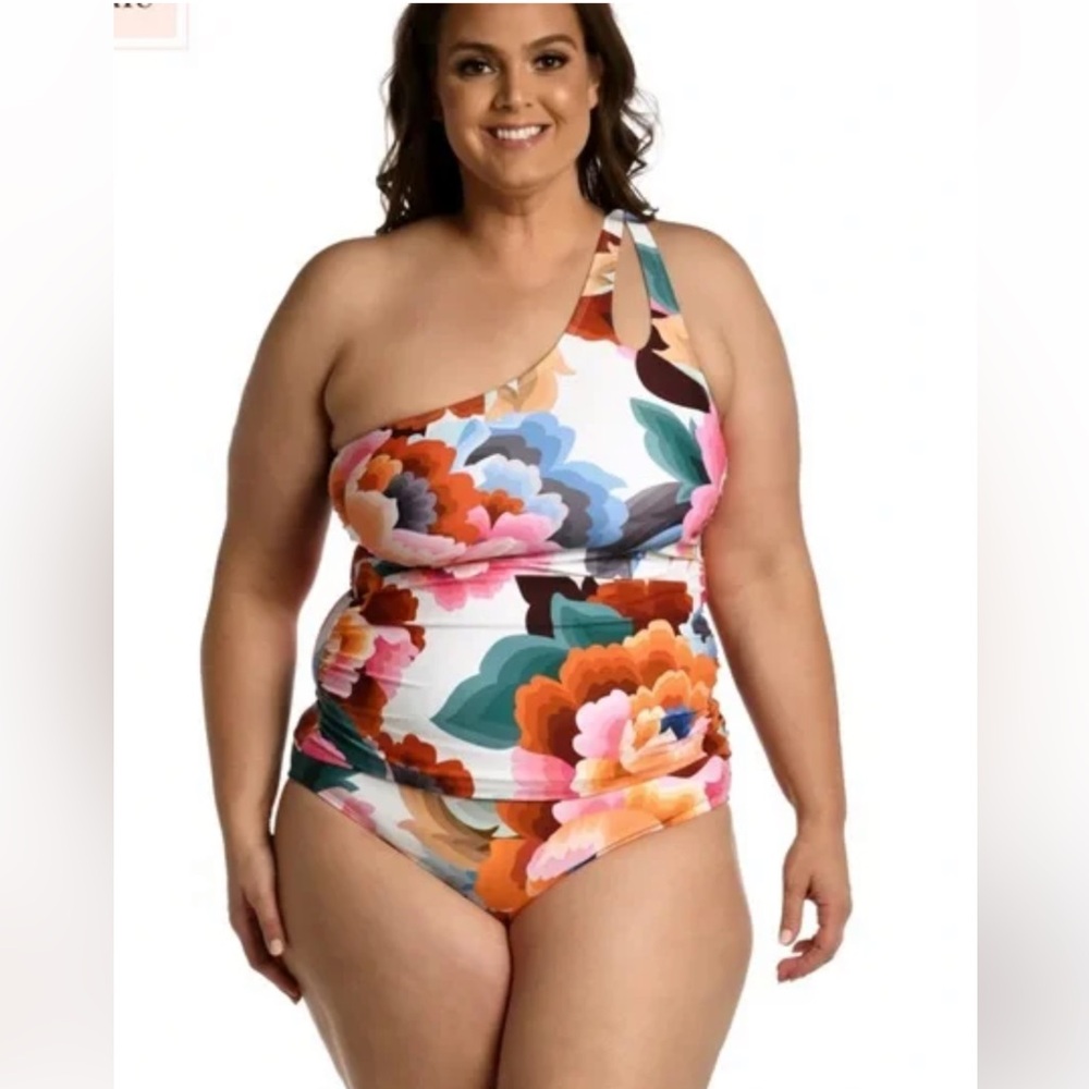 NWT La Blanca Women's Rhythm One-Shoulder Keyhole Floral Tankini Set size 22W